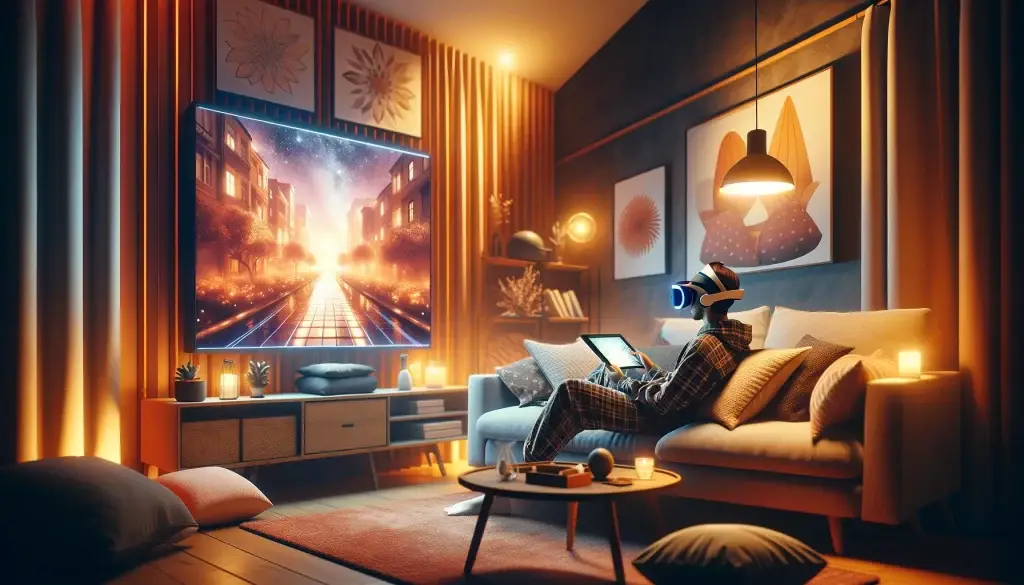 Image depicting a man in his pj's watching digital art